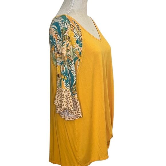 Cato Large Yellow V Neck Elbow Ruffle Sleeve Front Twist Tropical Leopard Sleeve - Picture 2 of 7